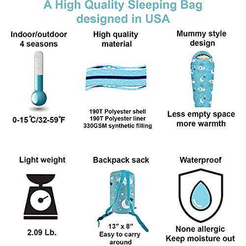 KidzAdventure Mummy Style 32 – 59F Kids Sleeping Bag with Pillow Sleeve, 4 Season, Lightweight and Backpacking Style, Ideal for Camping, Sleepover, Boys, Girls, and Youth - color: Sky blue kids up to 4\'3"