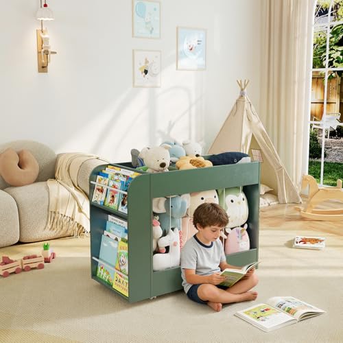 Wooden Kids Bookshelf, Toy Storage with Side Drawing Chalkboard | 3-in-1 Mobile Stuffed Animal Storage Zoo, Rolling Toy Box Container on 4 Wheels for Kids Room Playroom Nursery Bedroom, Green - color: Green