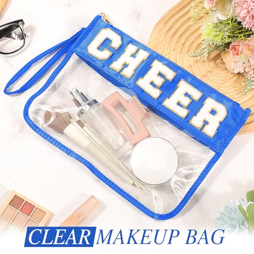 Kacctyen 20 Pcs Blue Chenille Letter Cheer Bags Bulk Cheerleader Clear Makeup Bags Snacks Pouch Bulk Preppy Patch Cosmetic Pouch with Wrist Strap Zipper for Travel Team Cheerleaders - color: Blue