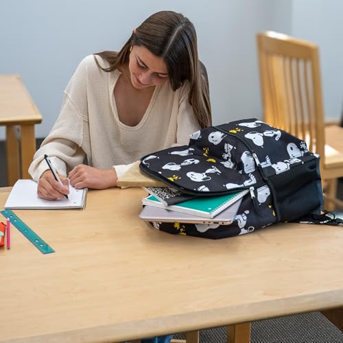 AI ACCESSORY INNOVATIONS Peanuts 16” Backpack With Front Pocket for Girls & Boys, Allover Print Bookbag Featuring Snoopy & Woodstock, Black - color: Black