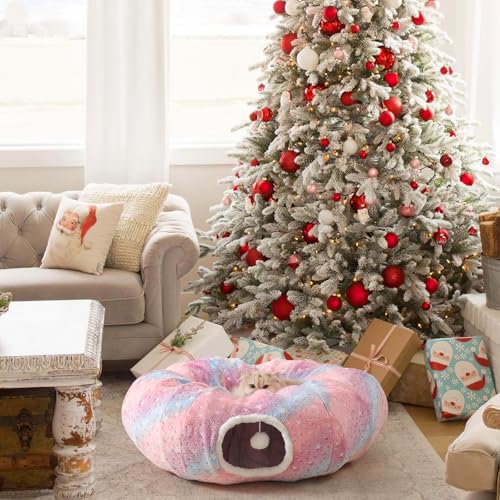 Under Christmas Tree Large Cat Tunnels Bed Tube for Indoor Cats Glows in The Dark Cat Tunnel with Cushion and Plush Ball Toy Longer Playground Toys for Dog Puppy Kitten Rabbit Pet Rainbow - color: Rainbow Bed