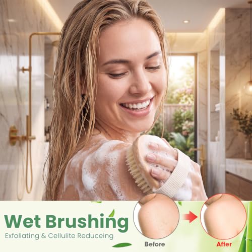 Gejoy 10 Pcs Dry Brushing Body Brush for Lymphatic Drainage Exfoliating Brush with Massage Nodule Dry Skin Body Scrubber Cellulite Shower Circulation Dead Exfoliator (Exfoliating Version,Wood Color) - color: Exfoliating Version