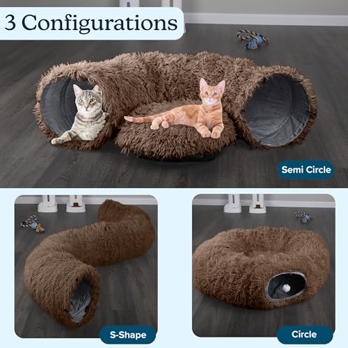 Cat Tunnel with Bed for Indoor Cats - 3FT Multifunctional Cat Tunnel Bed with Toys - Soft, Plush Peekaboo Cat Cave for Kittens, Cats, Ferrets, and Rabbits - Cat Products by PETMAKER (Brown)