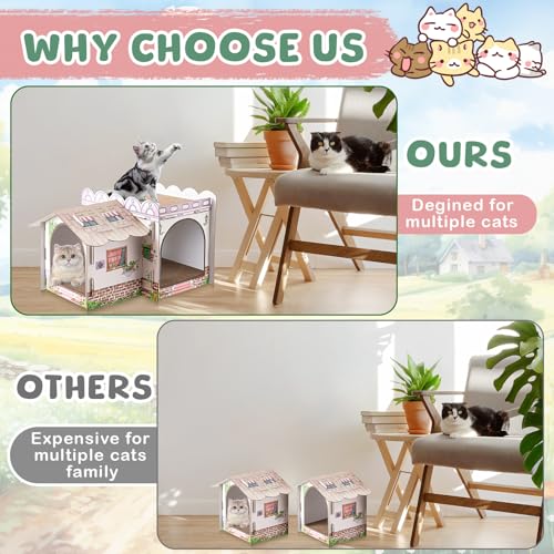 Lineshading 2 Story Cardboard Cat House with Scratcher Pad, Multi Level Durable Cat Scratcher House for Small Kitten Bunny Rabbit Animals Christmas Birthday Gift(17x12x10,Cottage) - style: Cottage
