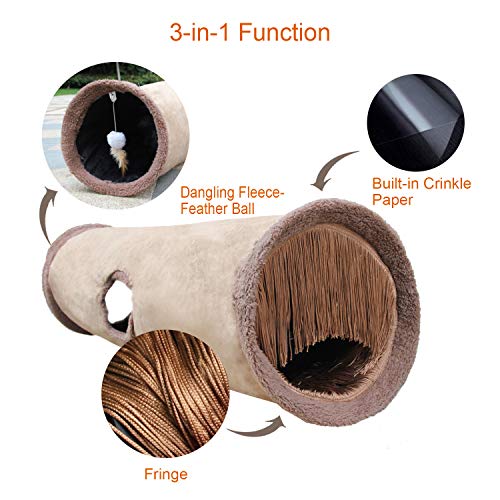 Collapsible Cat Tunnel Pet Play Tube Crinkle Tunnel with Cat Toys，Length 35" Diameter 9.7" - color: Brown, size: 35 inch