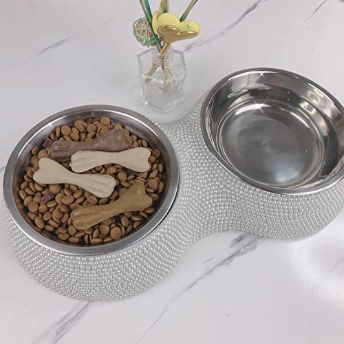 SAVORI Small Cat Bowls Pink, 320ML Handmade Bling Rhinestones Stainless Steel Pet Bowls Removable Double Food Water Feeder for Puppy Cats Dogs - color: 320ml-Pink