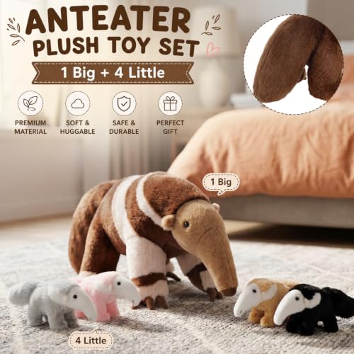 Hollowfly 5 Pcs Anteater Family Stuffed Animal Set 19.29" Mommy Anteater Plush Toy with 4 Cute Babies Zippered Belly Inside Wild Zoo Animals Gifts for Kids Adults Birthday Holiday Christmas Stocking - style: Anteater