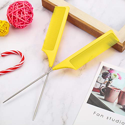 Leinuosen 3 Pack Rat Tail Comb Carbon Fiber,Yellow | Steel Pin Tail for Sectioning, Heat Resistant Teasing, Pick Comb for Women Wig Styling, Fishtail Design for Salon Updos - color: Yellow
