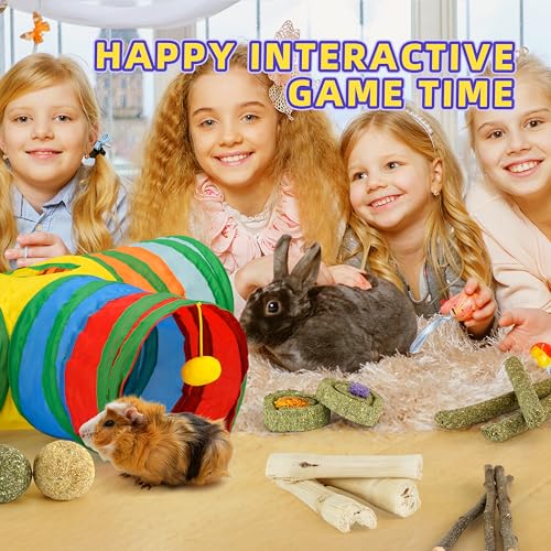 Bunny Tunnels & Tubes Collapsible 3 Way Rabbit Hideout with 13pcs Toys for Bunny Guinea Pig Hamster Chinchilla Hedgehog Rat Ferret Kitten (Colorful) - color: Colorful