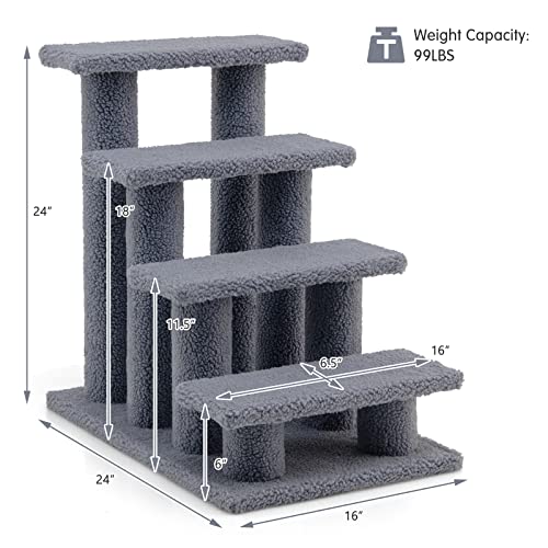 Tangkula Pet Stairs for Cats and Dogs, 4-Step Carpeted Ladder Ramp Cat Climber Cat Scratching Post, Multi-Step Dog Stairs for High Beds, Couch (Grey)