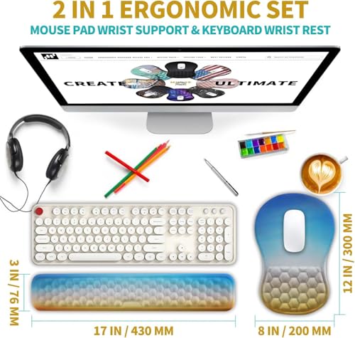 Hokafenle 2 in 1 Ergonomic Mouse Pad Wrist Support & Wrist Rest for Computer Keyboard Set, with Relieve Carpal Tunnel Pain Massage Bulge and Full Memory Gel Design (2In1 Set, Morning Sky) - color: Hk021-morning Sky