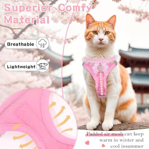 Cat Harness and Leash Set Escape Proof Walk Harness for Cats Pink S | Cute Pearls Lace Bow,Safe Reflective Strips,Breathable Soft Mesh,No Stress,Easy Wear,Adjustable Velcro,Nylon Leash,for Bunny - size: S