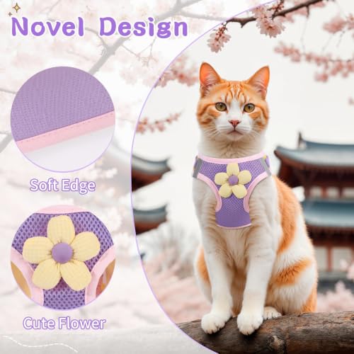 Cat Harness and Leash Set, Escape Proof Soft Vest Walk Purple S | Adjustable, Easy Wear, Breathable Comfy Mesh, Reflective Strips, Sturdy Clip Buckle Flower Harness for Cats Kitty Puppy Bunny - color: Romantic Purple, size: Small