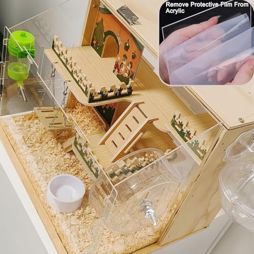 11 in 1 Wooden Hamster Cage with All Accessories, 15.8 Inch 3-Layer Dwarf Hamster Cage Acrylic,Small Animal Cages, Pastoral Style Mouse Cage for Pet Mice, Hedgehog, with Stairs, Fences and Swing - size: 15.8"L x 11.5"W x 11.8"H