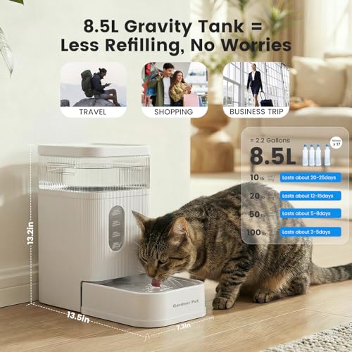 Gardner Pet 2.2 Gallon Automatic Dog Water Bowl Dispenser 8.5L Gravity Water Feeder with Stainless Steel Bowl & Maifan Stone Filter, BPA-Free for for Cats and Dogs (White, 2.2 Gallon) - color: White, size: 2.2 Gallon