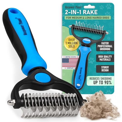 Maxpower Planet Dog Grooming Rake, Deshedding Undercoat Brush, Dogs & Cats | Blue Deshedding & Dematting, Extra-Wide Double-Sided Comb, Long-Haired Coats, Reduces Shedding, Original Design - color: Blue, size: Large