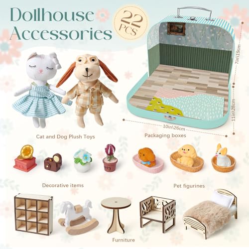 TUZT Portable Dollhouse Suitcase for Ages 3-8, Foldable Bedroom Playset with 21 Wooden Furniture, Cute Animal Dolls & Accessories, Travel-Friendly Pretend Play Toy - style: Living Room