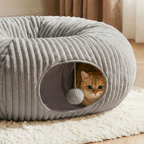 Cat Tunnel Bed for Indoor Cats, Peekaboo Cat Cave Bed,Soft Cat Donut Tunnel for Kitten Large Cats, Grey - color: Grey