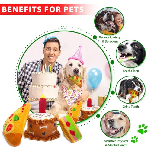 Dog Birthday Toys Set 3 Pack Cake Sandwich Pizza Plush Squeaky | Happy Barkday Gift for Small Medium Large Dogs Cuddle Interactive Chew Soft Stuffed Puppy Christmas gift with Crinkle - style: Cake Shape