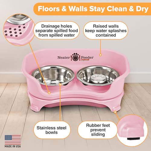 Neater Feeder Express Mess Proof Dog Bowls Elevated for Small Breed – Made in USA – No Spill Raised Slow Feeder Elevated Dog Bowl Stand, Stainless Steel Food and Water Bowl Set, Pink - color: Pink, size: Small w/ Metal Slow Feed Bowl