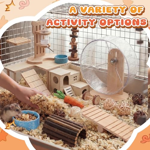 40 Pcs Hamster Cage Accessories, 9.5'' Exercise Wheel, Wood Platform Hideout House, Water Bottle, Sand Bath, Bowl, Chew Toy for Syrian Hamsters Mice Gerbils Habitat Decor(Active Style) - style: Active Style