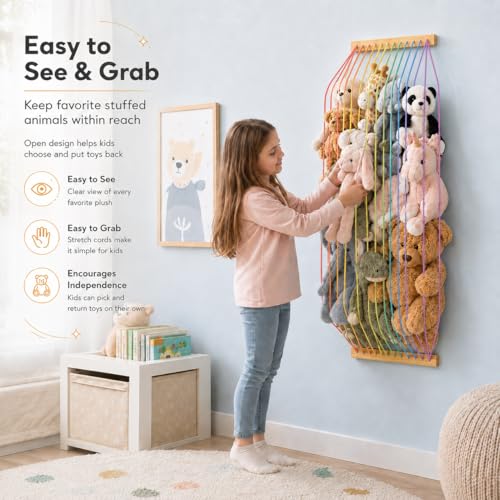 Stuffed Animal Storage Wood Soft Toy Organizer for Kids Room，Cute and Durable Wall or Door Mount Length Adjustable Hanging Stuffed Animal Toy Organizer Shelf for Nursery Play Room Rainbow -Patent - color: Rainbow