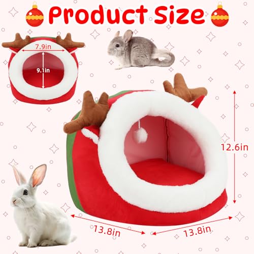 YUEPET Christmas Pet Bed, Reindeer Cave, Bunny Hideout, Guinea Pig Hideout | Semi-Closed Reindeer Cave, Warm Plush Fabric, Removable Cushion, Washable Bed, Anti-Slip Base, Size S, 13.8 in