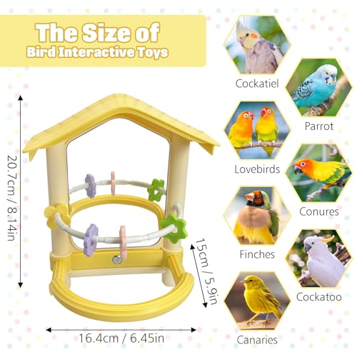 kathson Bird Mirror with Plastic Perch and 5PCS Colorful Rattan Balls Parakeet Hanging Swing with Mirror Interactive Toy Bird Cage Accessories for Cockatiel Parrot Conures Cockatoo Finch(Yellow)