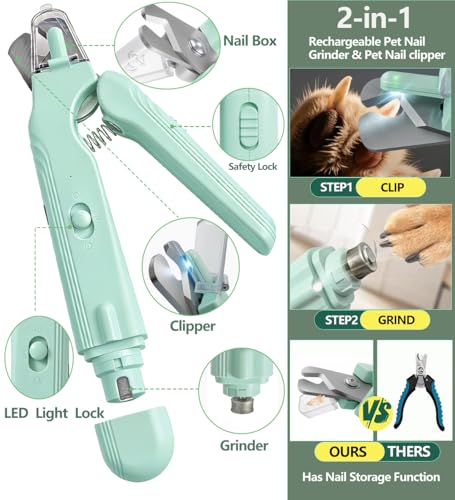 2-in-1 Dog Nail Grinder & Clippers with Dual LED Lights, Electric Pet Nail Trimmer with Safety Guard, USB-C Rechargeable Grooming Tool for Cats and Dogs of All Sizes Green - color: green