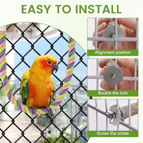 8PCS Natural Wood Bird Perches, Parrot Perch Stand & Chewing Toy with Multi-Branch & Rope, Cage Accessories for Parakeets, Conures, Cockatiels, Lovebirds, Budgies - size: Swing & Rope Set - 8PCS
