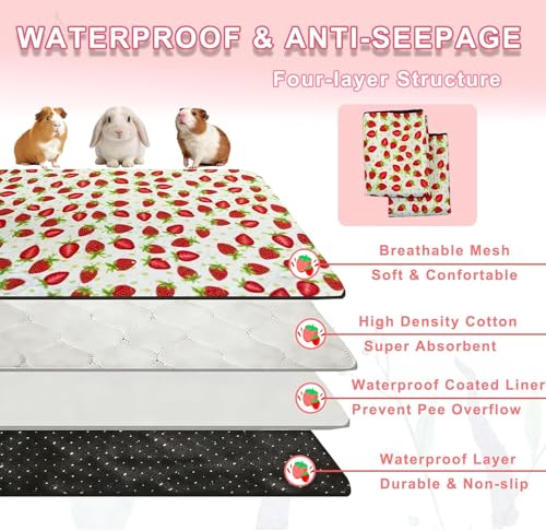 2 Pack Guinea Pig Cage Liners, 12"x 24" Washable Waterproof Bedding for Rabbit, Bunny, Hamster & Small Animals, Reusable Super Absorbent Pee Pads for C&C Cage, Strawberry Print - size: 12x24 inch 2pack