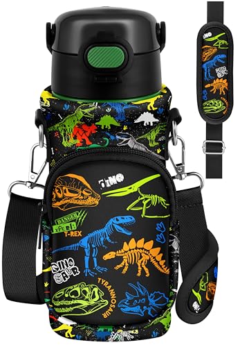 Water Bottle Carrier with Strap for Kids, 14-20 oz | Insulated, Neoprene Water Bottle Holder Bag with Pocket, Cute Cartoon, Bottle Bag for boys and girls, Walking Hiking Camping - color: Dinosaur Bone