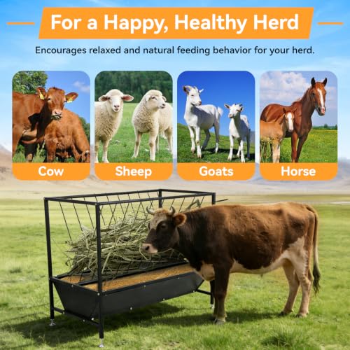 70 Gallon Pasture Hay Feeder, Heavy-Duty 2-in-1 Livestock Feeder with Grain Trough, Galvanized Steel Hay Rack for Goats, Sheep, Calves and Miniature Horses