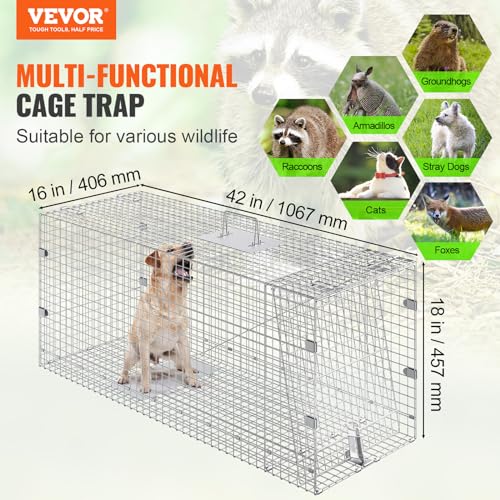 VEVOR Live Animal Cage Trap, 42" x 16" x 18" Humane Cat Trap Galvanized Iron, Folding Animal Trap Cage with Handle for Stray Dogs, Armadillos, Raccoons, Foxes - size: 42" x 16" x 18"