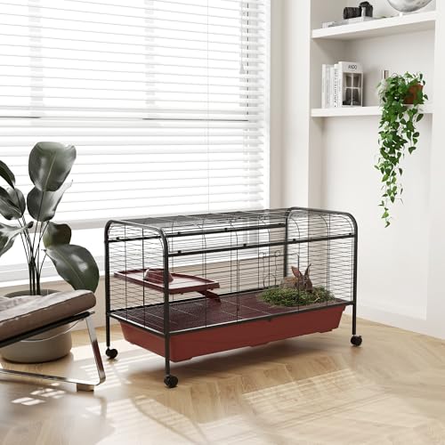 PawHut 48" L Small Animal Cage, Rabbit Hutch, or Ferret Pet Play House with Feeder, Rolling Wheels, Platform, Ramp | Ferret Pet Play House, Platform, Ramp - size: 48.0"L x 23.3"W x 28.8"H