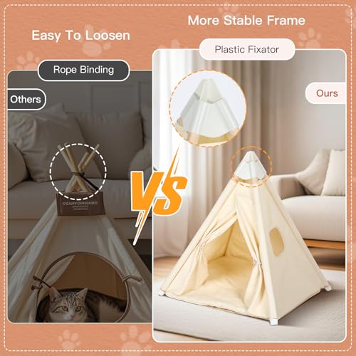 Standard Cat & Mini Dog Teepee Tent House (Int 20x20x20in/Ext 22x22x25in) | Pet Teepee House Indoor for Dogs & Cats Up to 10lbs, with Soft Cushion, Small Window, Cotton Canvas & Stable Frame - style: M/20x20x20in Standard Cats & Mini Dogs