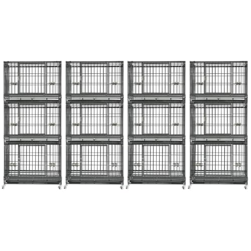 Homey Pet 4 Pack Three Tier 37" Heavy Duty Stackable Dog Crate with Wheels | Drop Cages for Dogs with Escape proof Locks, Tray, Bowl, Open Top, for Small and Medium Dogs, Breeders and Multi-dog Homes - size: 37"L x 22.5"W x 29.5"H - 3 Tiers - 4 Pack