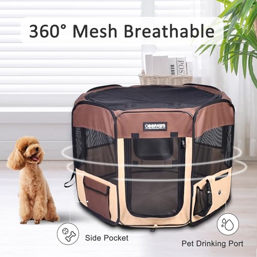 Jespet Soft Dog Playpen, Portable Pet Exercise Pen Kennel with Carry Bag | 2-Door, Easy to Fold, Ground Stakes, Zipper Locks, Large Storage Pocket, Washable Top Mesh Cover & Bottom Cover - color: Brown, style: 36x36x24 Inch (Pack of 1)
