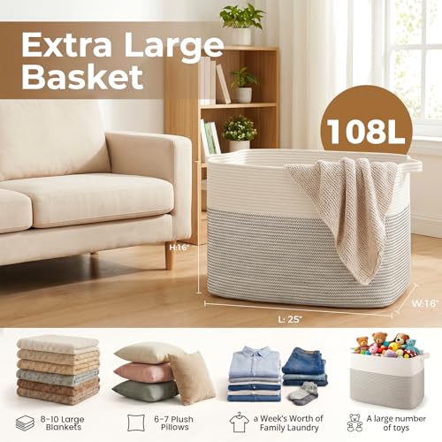 OIASKET 108L Cotton Rope Storage Basket for Living Room and Bedroom 25"x16"x16" Woven Laundry Basket, Heavy Duty Bin for Blankets, Pillows & Toys, Pet-Safe & Scratch-Free, Black and White - color: Black & White