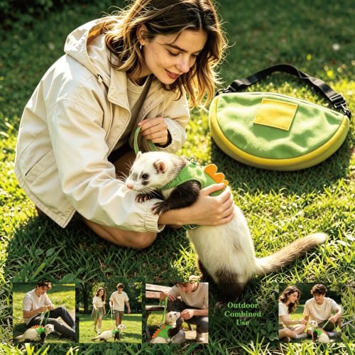 Ferret Harness Leash with Carrier Set，Small Animals Vest Harness, Dinosaur Shaped Leash Set, Semi-Circular Bag for Rabbit Guinea Pig Teacup Chihuahua Mouse and Other Small Pet (Green)