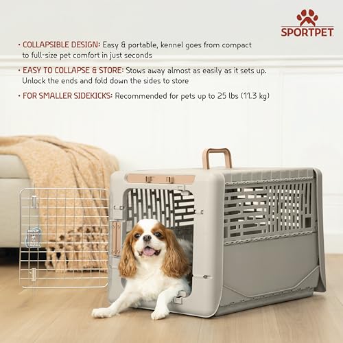 SportPet Designs Collapsible Small Pet Travel Carrier (Tan), Hard-Sided Kennel for Small Dogs, Puppies, Cats, Kittens, Animals up to 25lbs, Washable Home & Outdoor Pet Crate, 24.5"L x 16.5"W x 16"H - color: 24" Small (Tan)