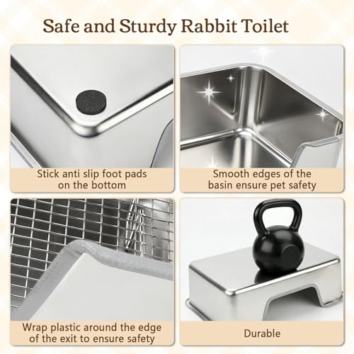 Rypet Large Stainless Steel Rabbit Litter Box Set for Small Animals | High Sides & Low Entry, 304 Stainless Steel Sifting Tray, Bowl and Bottle Included, Non-Slip, Easy to Clean, Odor Control - size: L(19.7"×13.8"×5.9")