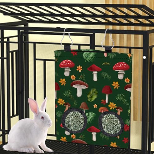 2Pcs 2 Styles Mushroom Hay Bag Feeder Guinea Pig Hay Bags with 2 Holes Mushroom Leaves Pattern Oxford Cloth Washable Rectangle Feeding Storage for Rabbit Chinchillas Hamsters 12 x 9 Inch - color: Mushroom