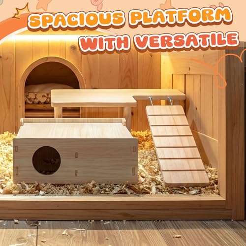 2 Pcs Natural Wooden Hamster Platform & Multi-Chamber Hideout, Flip-top Labyrinth Tunnel Cage Accessories for Syrian Dwarf Hamsters, Gerbils, Mice, Stress Relief Small Animal Habitat Decor