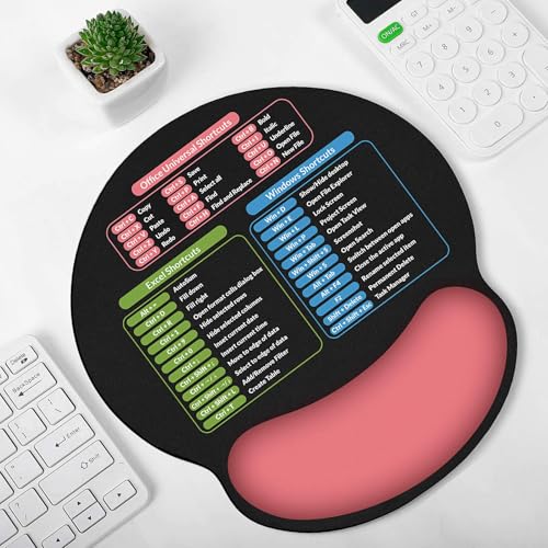 KONVINIT Ergonomic Mouse Pad with Wrist Rest, Small Excel Cheat Sheet Desk Pad with Windows & Office & Excel Shortcuts, Non-Slip Rubber Base Mouse Pads for Desk with Smooth Surface, Black Pink - color: Shortcut-Pink