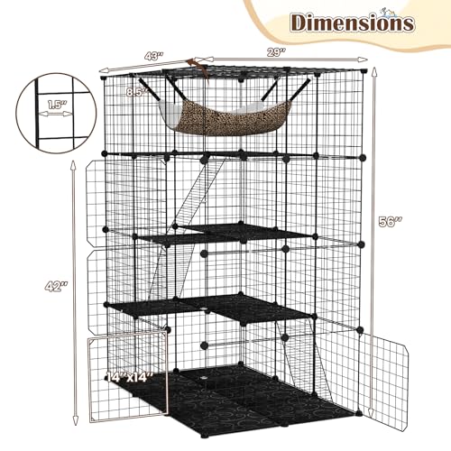 Tangkula Cat Cages Indoor, 56" Large 4-Tier Cat Enclosure with Skylight, Hammock, 3 Ladders, Detachable Metal Wire Kennel with 4 Lockable Doors, DIY Cat Crate & Pet Playpen Catio for 1-4 Cats - size: 43.0"L x 29.0"W x 56.0"H