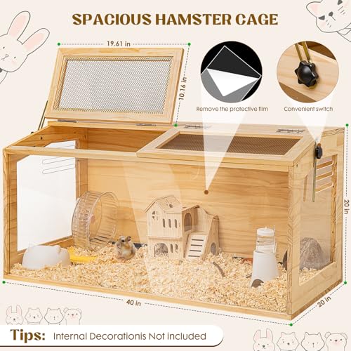 Hamster Cage 40" Chewproof Wooden, 270° View Acrylic Pet Habitat | Panoramic Large Habitat, Bite-Proof Mesh & Top Dual Access Doors, for Syrian/Dwarf Hamsters, Guinea Pigs, Chinchillas - size: 40.0"L x 20.0"W x 20.0"H