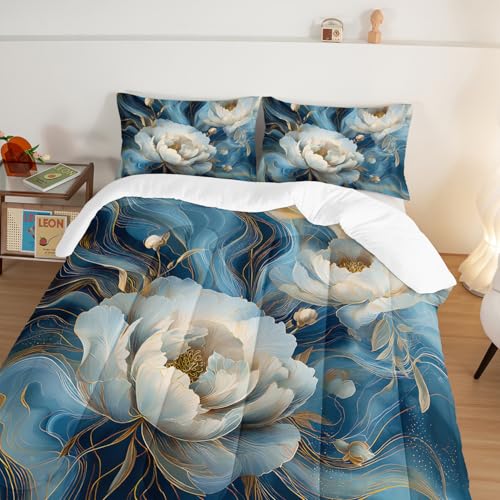 HOSIMA Floral Bedding Sets Full for Women Girls Room Decor,Blue Golden Marble Grain Ink Fluid Art Comforter Floral Bedding,Fluffy White Flowers Pattern Lightweight Comforter with 2 Pillowcases. - color: Blue-a, size: Full