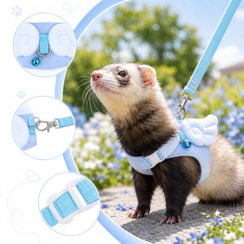 Small Animal Harness and Leash Set Escape Proof Ferret Harness Vest | Adjustable,Angel Wing Shape,Soft Leash Set,with Safe Bell for Ferret Baby,Rabbit,Guinea Pig,Teacup,Chihuahua,Mouse Small Pet