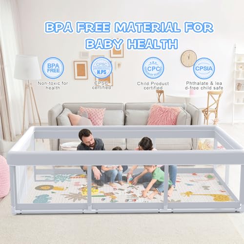XVISHX Baby Playpen with Mat, 74 x 50 Inch Playpen for Babies and Toddlers, Baby Playard for Indoor & Outdoor Active Center Game Fence, with Skin-Friendly Fabric and Soft Breathable Mesh, Grey - color: Grey, size: 74 × 50 Inch + Mat